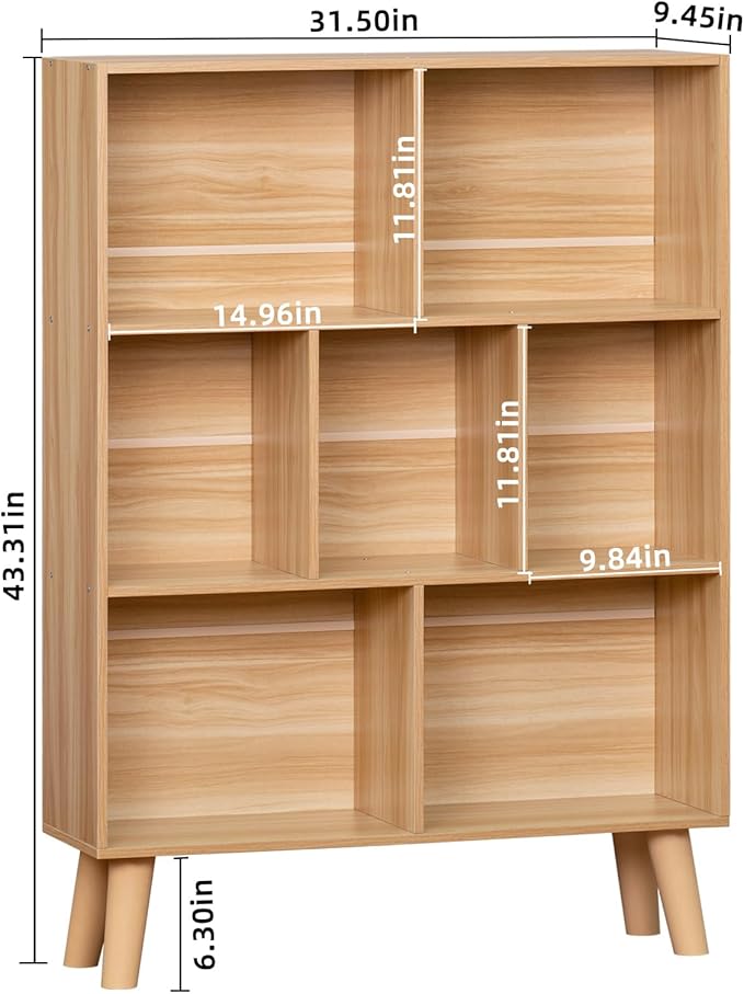 LEYAOYAO Wooden 7 Cube Book Shelf, Natural 3 Tier Bookshelf with Legs, Modern Open Storage Organizer,Boho Bookcase,Display Cabinet Shelf Free Standing Bookshelves for Bedroom,Living Room,Office