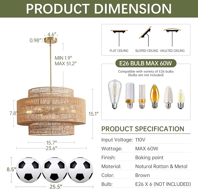 24” Boho Large Rattan Chandelier Light Fixture,6-Light Large Hand Woven Pendant Light Fixture Farmhouse Rustic Chandeliers for Kitchen Bedroom, Dining Room, Living Room, Hallway, Foyer