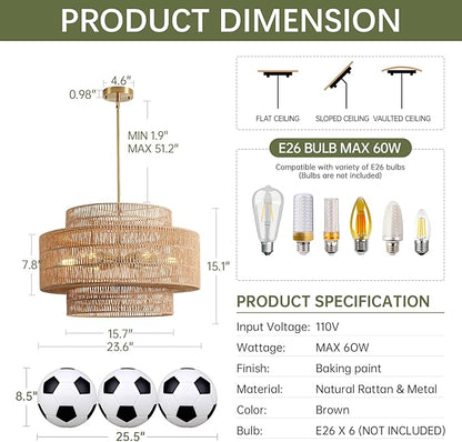 24” Boho Large Rattan Chandelier Light Fixture,6-Light Large Hand Woven Pendant Light Fixture Farmhouse Rustic Chandeliers for Kitchen Bedroom, Dining Room, Living Room, Hallway, Foyer