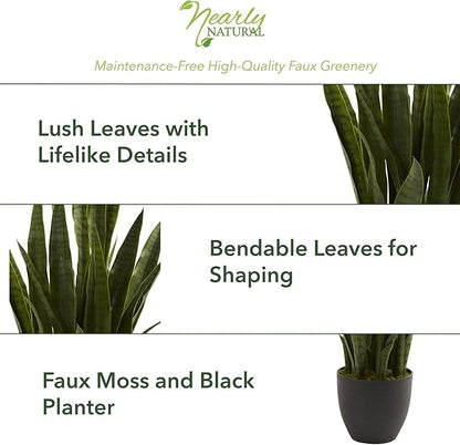 Nearly Natural, Green 4855 35in. Sansevieria with Black Planter