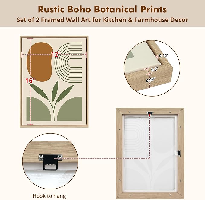 DAJONART Minimalist Boho Wall Art Set of 2,Sage Green & Olive Gray Abstract Prints Duo Framed Canvas for Modern Organic, Japandi, and Bedroom Decor,Neutral Earth-Tone Geometric Wall Decor,12x16 in