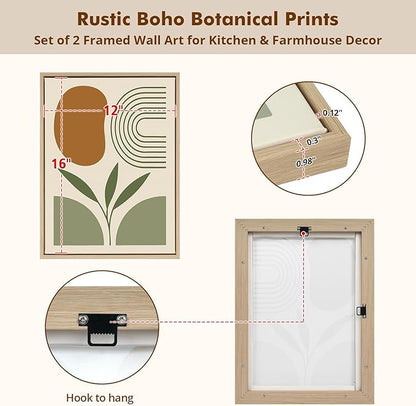 DAJONART Minimalist Boho Wall Art Set of 2,Sage Green & Olive Gray Abstract Prints Duo Framed Canvas for Modern Organic, Japandi, and Bedroom Decor,Neutral Earth-Tone Geometric Wall Decor,12x16 in