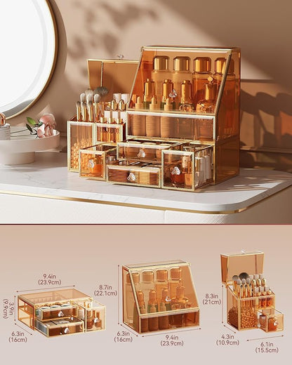 Makeup Organizer Amber,Glass Vanity Organizer for Skincare, Lipsticks, Perfume, Makeup Brushes – Countertop Cosmetic Storage Box for Women, Bathroom & Dresser