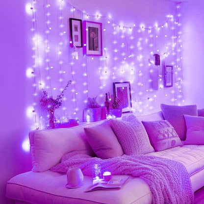 Minetom Curtain Lights, 300 LED Dimmable Fairy Lights with Remote and Timer, 8 Modes, USB Powered String Lights for Room Wall Party Xmas Indoor Decor, Purple