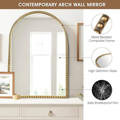 Arched Wall Mirror for Bathroom, 30"x40" Metal Beaded Frame Decorative Accent Mirror, Large Modern Distressed Hanging Wall Decor for Washroom, Bedroom, Living Room, Entryway, Antique Gold