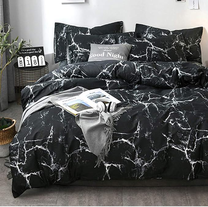 CLOTHKNOW Black Grey White Comforter Set California King Marble Bedding Comforter Sets Black Comforter Abstract Black Comforter with 2 x Pillow Cases