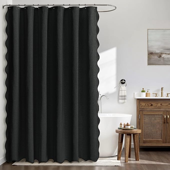 MIULEE Black Scalloped Shower Curtain Linen Textured with 12 Metal Hooks Cute Heavy Duty Washable Waterproof Thick Cloth Halloween Shower Curtains with Black Border for Bathroom Hotel Bathtub,W72*L72