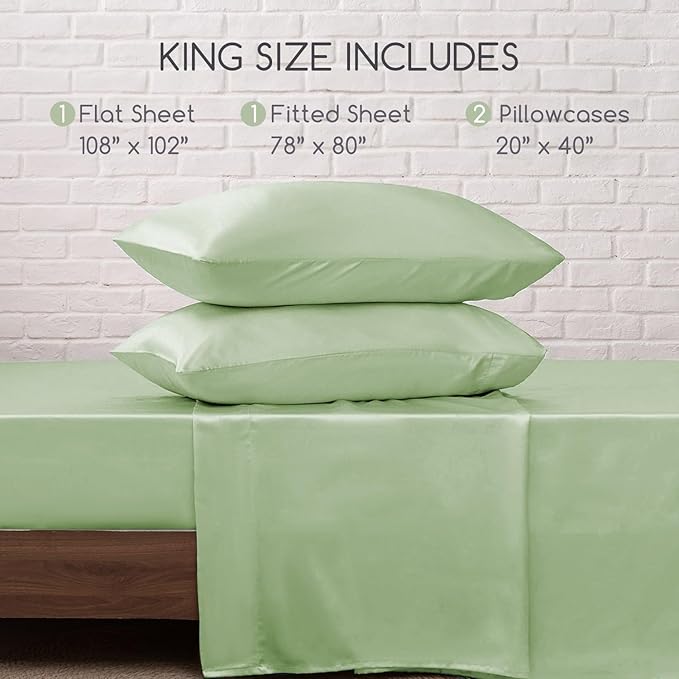 MR&HM Satin Bed Sheets with Elastic Corner Straps, King Size Sheets Set, 4 Pcs Silky Bedding Set with 15 Inches Deep Pocket for Mattress (King, Light Sage)
