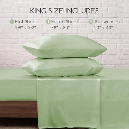 MR&HM Satin Bed Sheets with Elastic Corner Straps, King Size Sheets Set, 4 Pcs Silky Bedding Set with 15 Inches Deep Pocket for Mattress (King, Light Sage)