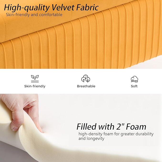 Velvet Storage Bench for Bedroom Upholstered End of Bed Bench Modern Ottoman with Gold Legs for Living Room/WindowEntryway (Mustard Yellow, Oval-45.5" W)