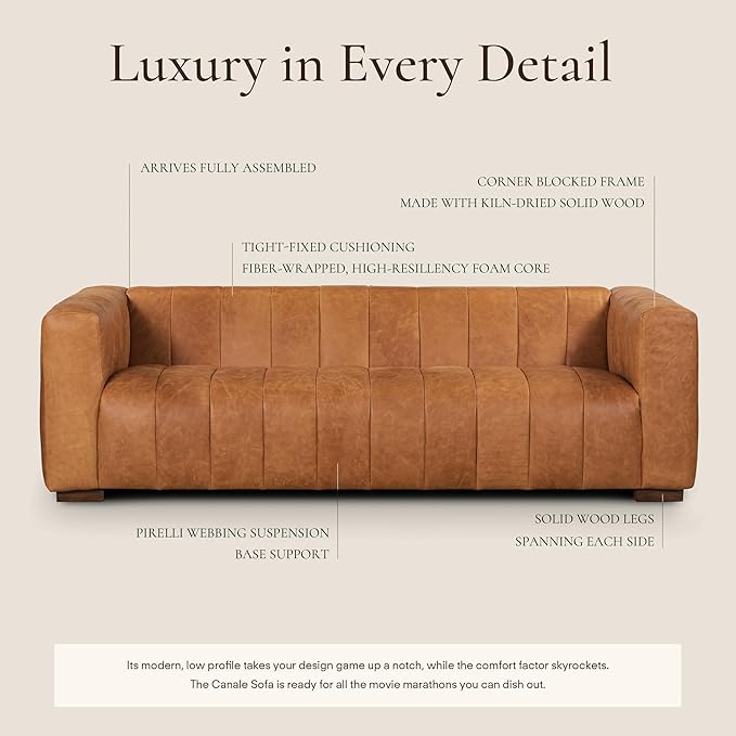 Poly & Bark Canale Leather Couch - 86 Inch Sofa - Full-Grain Channel Tufted Leather Sofa for Living Room - Living Room Couch - Pure Aniline Vintage Italian Leather in Cognac Tan