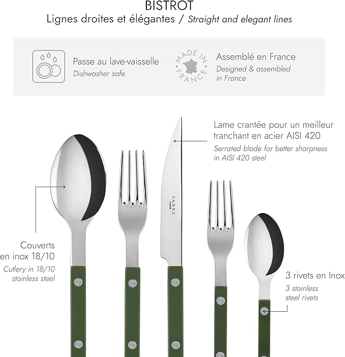 5-Piece Flatware Set - Bistrot Collection - Knife, Fork, Soup Spoon, Teaspoon & Dessert Fork - Stainless Steel & Nylon - Dishwasher Safe - Green - Brilliant Finish