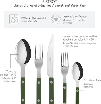 5-Piece Flatware Set - Bistrot Collection - Knife, Fork, Soup Spoon, Teaspoon & Dessert Fork - Stainless Steel & Nylon - Dishwasher Safe - Green - Brilliant Finish