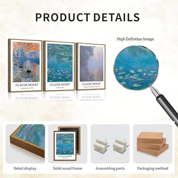 ILLBDR Claude Monet Water Lilies Framed Wall Art Vintage Aesthetic Canvas Wall Art Set of 3 Impressionist Botanical Prints Artwork Minimalist Classic Pictures Decor for Bedroom Living Room 16x24 Inch