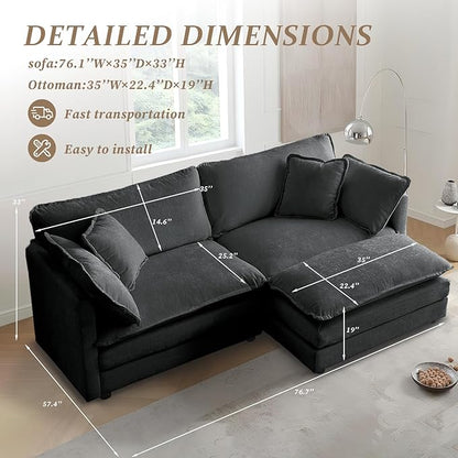 SoarFlash Chenille Sectional Sofa, Comfy L Shaped Modular Coush Sofa with Ottoman, Modern 2 Seat Couch Deep Seat Sofa Set for Living Room,Grey