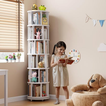 Solid Wood Rotating Bookshelf on Wheels, 6 Tier, Round Revolving Bookcase, 360° Spinning Book Shelf Tower for Kids, Narrow Rolling Bookshelves for Small Space, Corner, Bedroom, Office, White