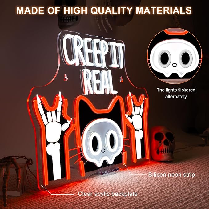 Lucunstar Creep It Real Neon Sign Halloween Led Sign For Wall Decor Scary Led Light For Halloween Decor Spooky Theme Party USB Powered 15.75x12.60in