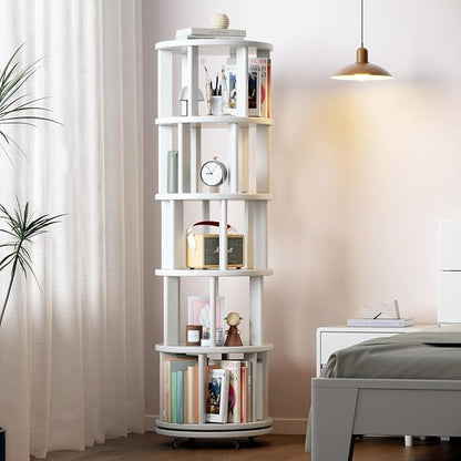 Solid Wood Rotating Bookshelf on Wheels, 5 Tier, Round Revolving Bookcase, 360° Spinning Book Shelf Tower for Kids, Narrow Rolling Bookshelves for Small Space, Corner, Bedroom, Office, White