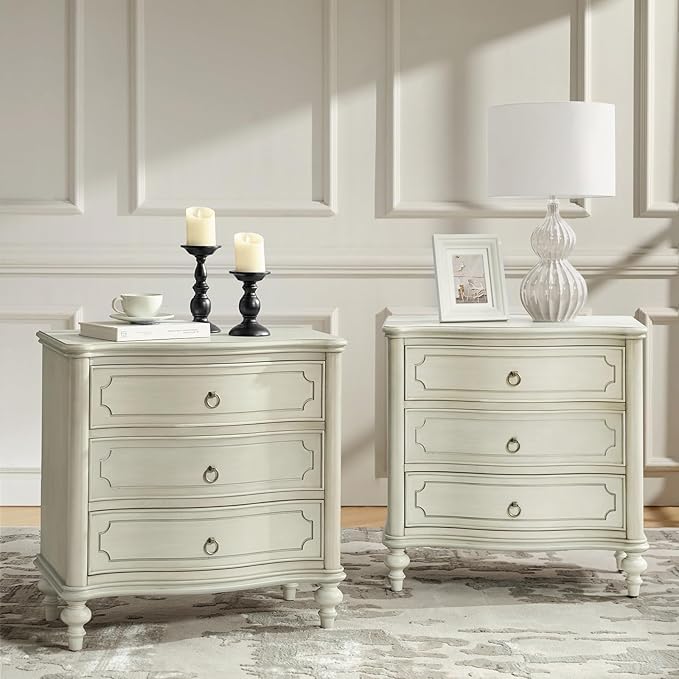 HULALA HOME Wood Nightstands Set of 2 with Charging Station for Bedroom, 3 Drawers Traditional Nightstands, Side Table with Solid Wood Legs, USB Ports & Three-Prong Plugs, White