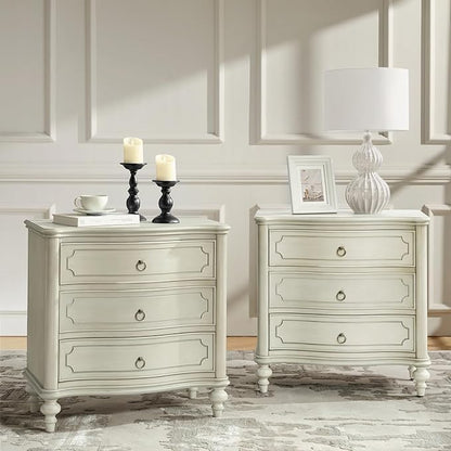 HULALA HOME Wood Nightstands Set of 2 with Charging Station for Bedroom, 3 Drawers Traditional Nightstands, Side Table with Solid Wood Legs, USB Ports & Three-Prong Plugs, White
