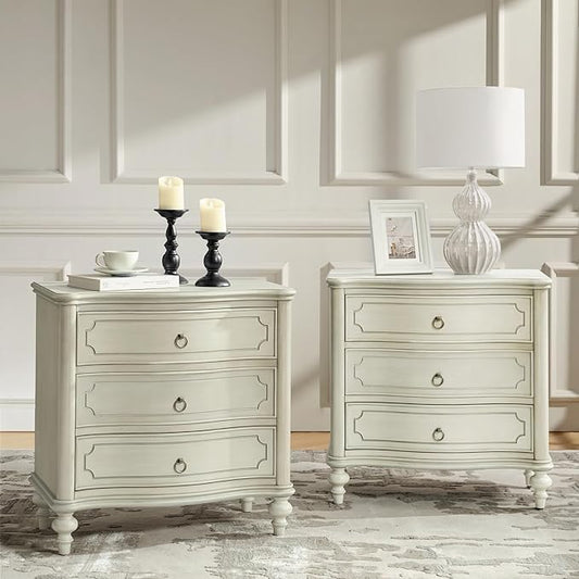 HULALA HOME Wood Nightstands Set of 2 with Charging Station for Bedroom, 3 Drawers Traditional Nightstands, Side Table with Solid Wood Legs, USB Ports & Three-Prong Plugs, White