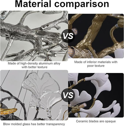 Modern Crystal Chandelier, L47 Rectangle Glass Ginkgo Leaf Chandeliers, Black Tree Branch Chandelier Over Dining 12-Light Farmhouse Chandeliers for Foyer Living Room Kitchen Island