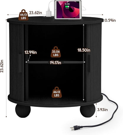 24" Fluted Round Nightstand Set of 2, Mid-Century Large Wooden End Table with Charging Station, Modern Storage Side Table with Sliding Door for Bedroom Living Room (2XRound, Black)