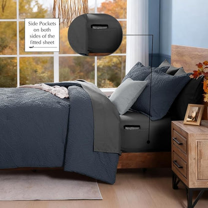 Geniospin King Size Comforter Set - 7 Pieces Blue Gray Textured King Bedding Sets with Comforter, Sheets, Pillowcases & Shams，All Season Blue Gray Bedding