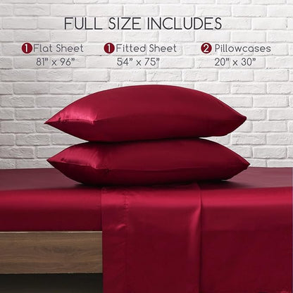 MR&HM Satin Bed Sheets, Full Size Sheets Set, 4 Pcs Silky Bedding Set with 15 Inches Deep Pocket for Mattress (Full, Burgundy)