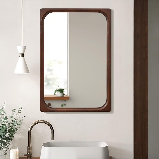 LuxenHome Rectangle Wall Mirror for Bathroom, 23.5"x35" Large Rubberwood Framed Wall Mounted Decorative Vanity Mirror for Living Room Bedroom Decor, Hanging Sculptures Accent for Entryway Home Decor