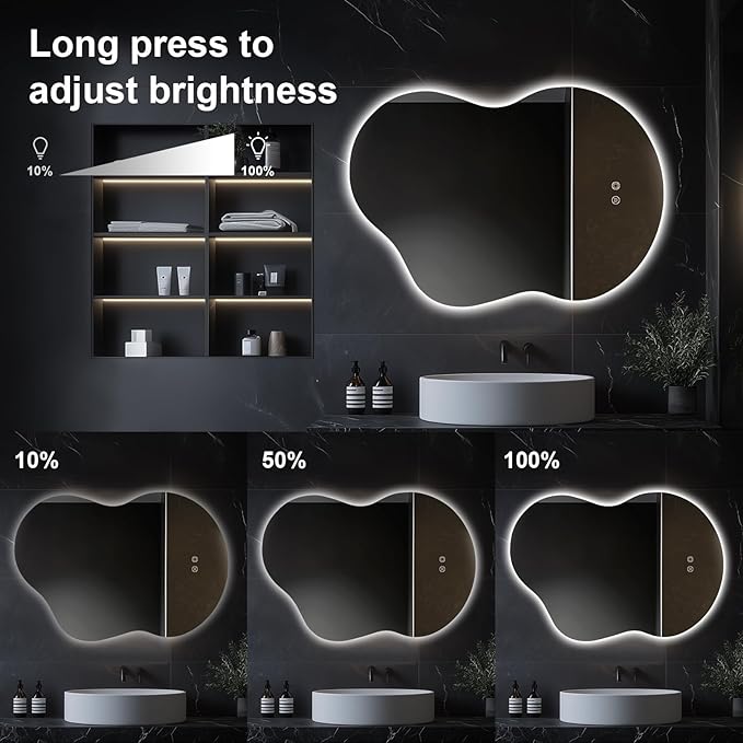 40"x30" Asymmetrical LED Bathroom Wall Mirror with Dual Lighting, Anti-Fog Pad, Dimmable Brightness & 3 Color Temperatures [Horizontal/Vertical]
