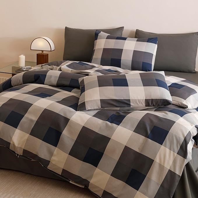 CLOTHKNOW Blue Plaid King Size Comforter Set Gingham Buffalo Bedding Comforter Sets Geometric Comforter King Sets with 2 x Pillow Cases