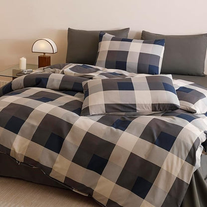 CLOTHKNOW Blue Plaid King Size Comforter Set Gingham Buffalo Bedding Comforter Sets Geometric Comforter King Sets with 2 x Pillow Cases