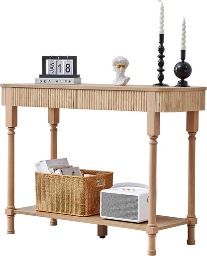 43.3'' Fluted Console Table for Entryway, Narrow Entryway Tables with 2 Wooden Drawers, Retro Sofa Table Behind Couch Accent Tables for Foyer, Living Room, Hallway (Natural)