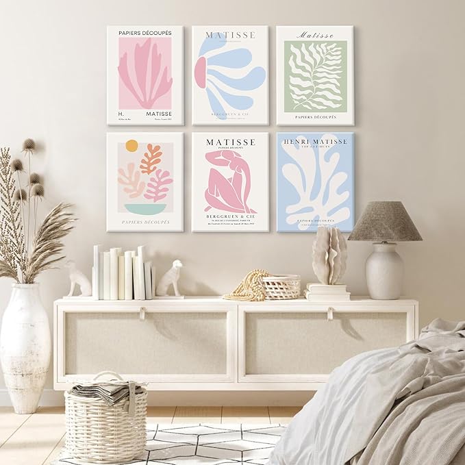 Henri Matisse Wall Art Prints Pink Blue Canvas Wall Decor Aesthetic Pictures Wall Art Danish Pastel Painting Henri Matisse Poster Trendy Artwork for Bedroom 8x10 Inch Wrapped Canvas Set of 6