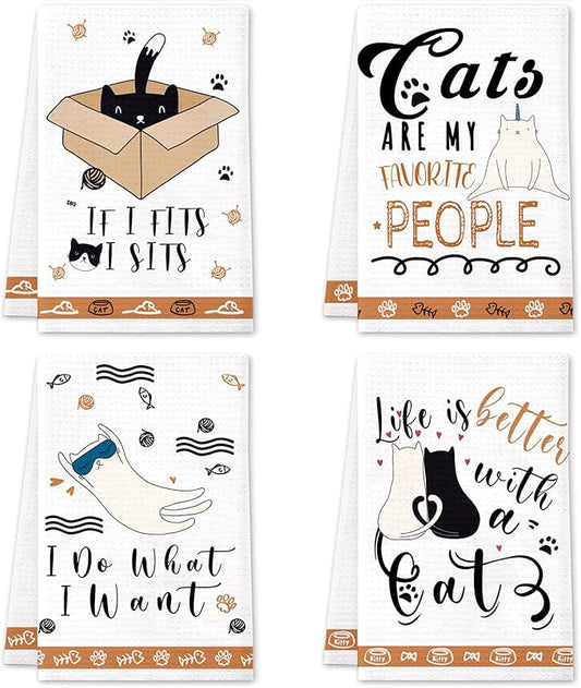 Cat Kitchen Dish Towels Set of 4 Funny Decorative Absorbent Tea Towels