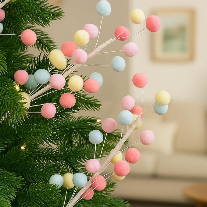 6 Pcs Pastel Pom Poms Christmas Decorations & Felt Christmas Picks and Sprays DIY Xmas Tree Toppers, Easter Deocrantions Festive Tree Filler & Easter Decor (Pastel Colors)