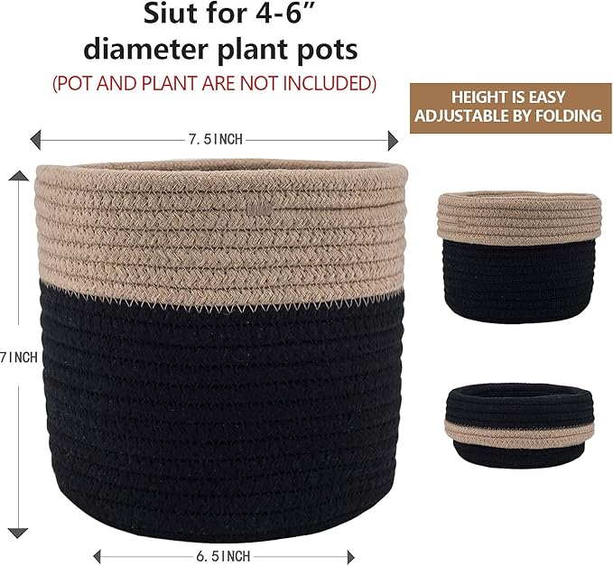 Woven Cotton Rope Plant Basket for 6" Flower Pot Floor Indoor Planters Flower Pot,Home Decor Storage Organizer H6 3/4" x W6 1/2" Black&Brown