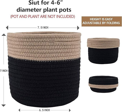 Woven Cotton Rope Plant Basket for 6" Flower Pot Floor Indoor Planters Flower Pot,Home Decor Storage Organizer H6 3/4" x W6 1/2" Black&Brown
