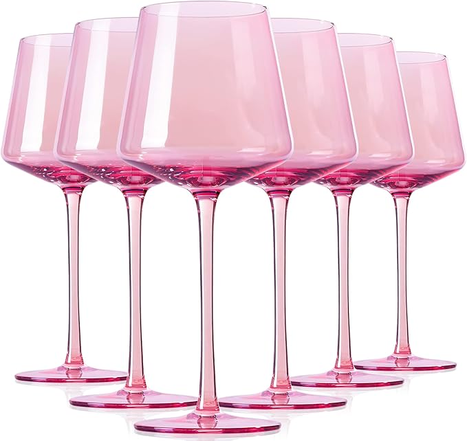 Physkoa Pink Wine Glasses Set 6-16oz Modern Pink Wine Glasses With Tall Long Stem and Flat Bottom,Pink Glassware for Wedding,Bridal Shower,Bachelorette Party