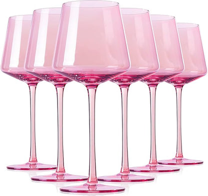 Physkoa Pink Wine Glasses Set 6-16oz Modern Pink Wine Glasses With Tall Long Stem and Flat Bottom,Pink Glassware for Wedding,Bridal Shower,Bachelorette Party