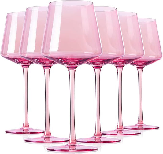 Physkoa Pink Wine Glasses Set 6-16oz Modern Pink Wine Glasses With Tall Long Stem and Flat Bottom,Pink Glassware for Wedding,Bridal Shower,Bachelorette Party
