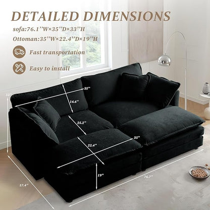 SoarFlash Chenille Sectional Sofa, Comfy Modular Coush Sofa with Ottoman, Modern 2 Seat Recliner Deep Seat Sofa Set for Living Room,Black