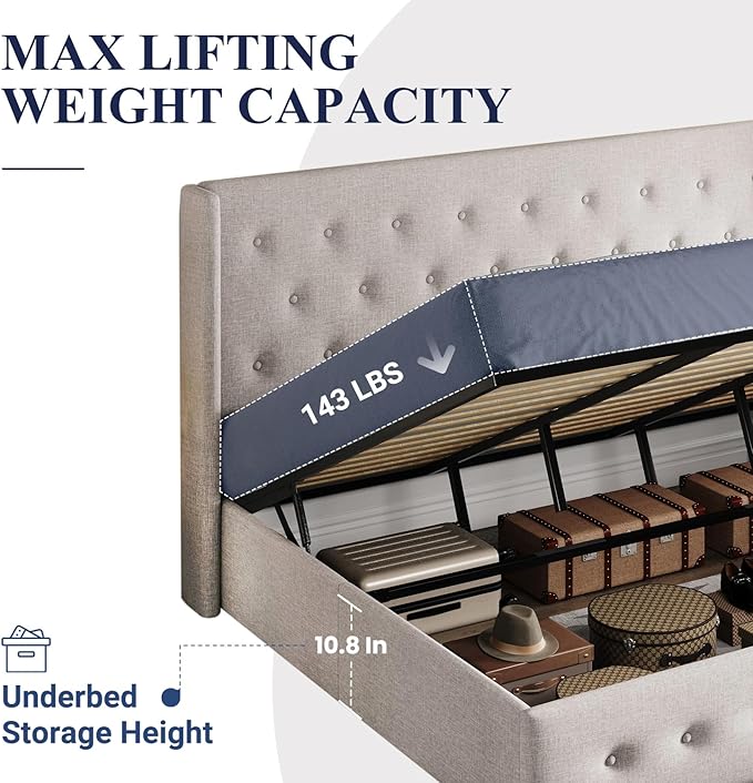 Allewie King Size Lift Up Storage Bed, Button Tufted Headboard with Wingback, Hydraulic Support, No Box Spring Needed, Light Beige