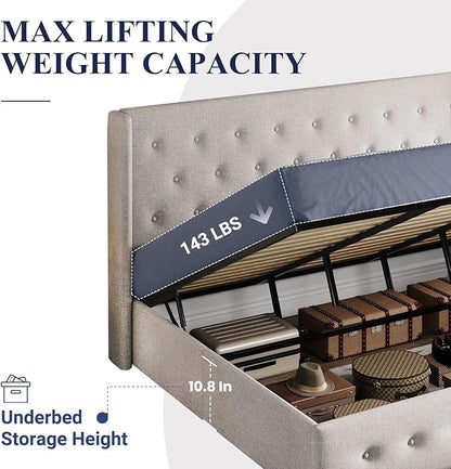 Allewie King Size Lift Up Storage Bed, Button Tufted Headboard with Wingback, Hydraulic Support, No Box Spring Needed, Light Beige
