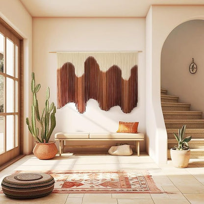 IOWER Macrame Wall Hanging Brown Dip-Dyed Large Handmade Macrame Cord Fiber Art Boho Wall Decor for Bedroom Living Room 57" W x 39" L