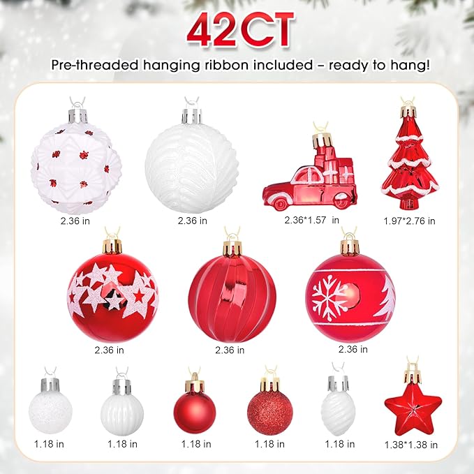 DeckTheHalls 42 Pcs Christmas Ornaments, Various Styles of Christmas Ball Ornaments, Shatterproof Christmas Balls for Holiday Xmas Tree Decor, Hanging Ornament for Indoor Decoration (Red & White)