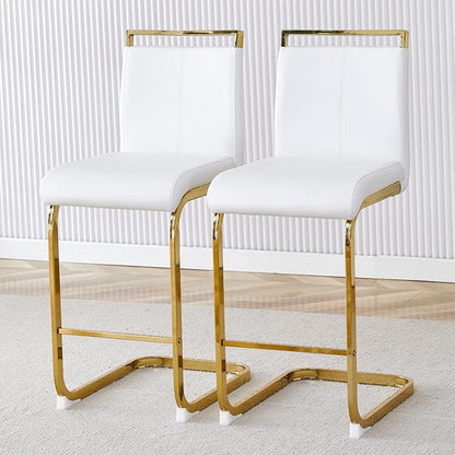 Counter Height Bar Stools Set of 2,Bar Stools with Back,25" White Island Chairs with Gold Chrome Plated Metal Leg,Faux Leather Barstools for Pub Kitchen Counter Dining Chair