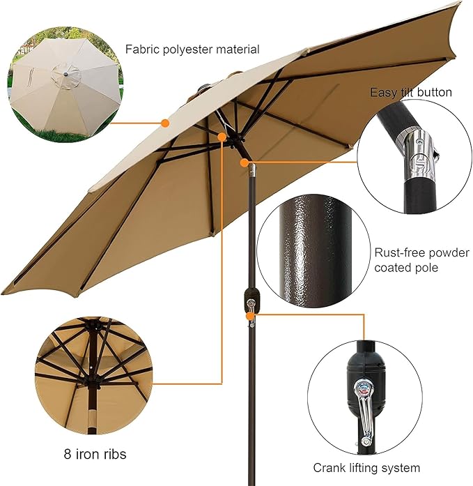 Blissun 9' Outdoor Patio Umbrella, Outdoor Table Umbrella, Yard Umbrella, Market Umbrella with 8 Sturdy Ribs, Push Button Tilt and Crank