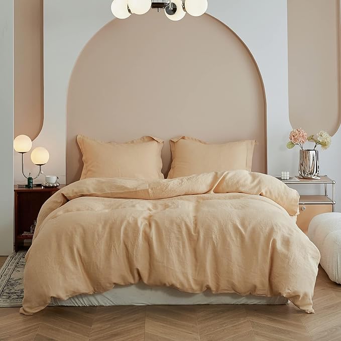 Simple&Opulence 100% Linen Duvet Cover Set, Natural French Flax Sand Duvet Cover Twin Size, Breathable Soft Comfy Linen Bedding Comforter Cover with 1 Pillowcase(Sand, 68"x86")